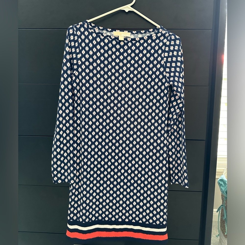 Michael Kors Long Sleeved Dress, Size XS, Navy Orange White Geometric Pattern